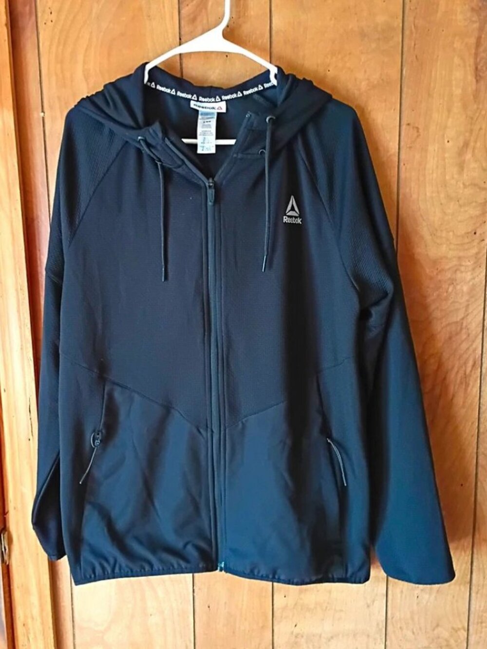 Reebok Men’s Black Logo Full Zip Hooded Hoodie Pockets Size M